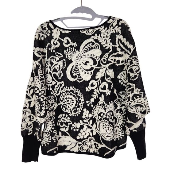 SUNDANCE Sweater Womens XS Black Cream Floral 3D Textured Dolman Sleeve Pullover - Picture 2 of 7